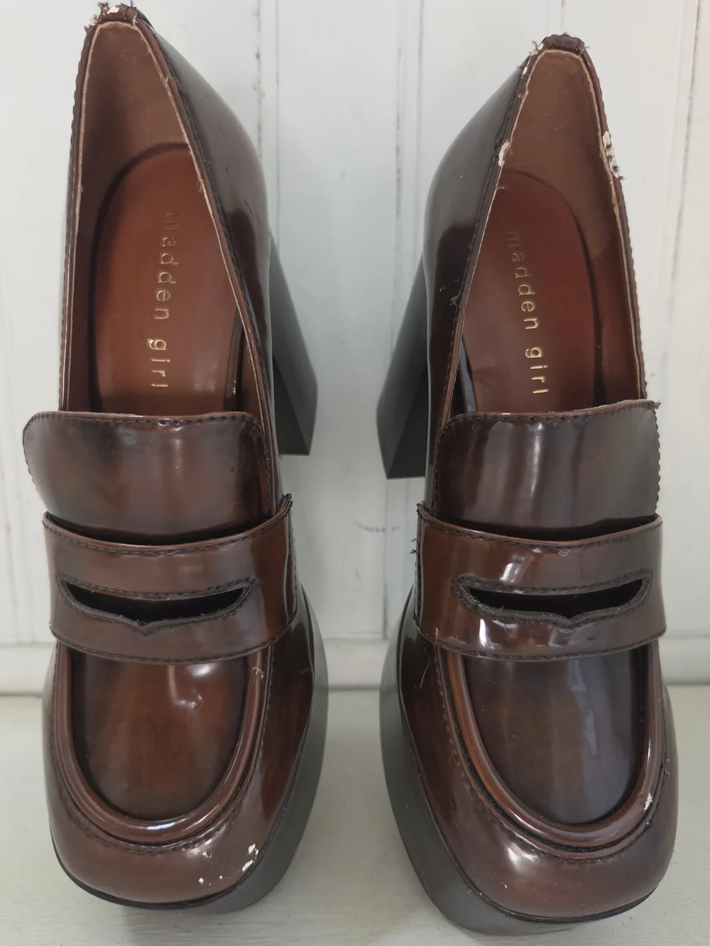 Madden Girl Size 8.5 Brown Platform Chunky Penny Loafers Heels